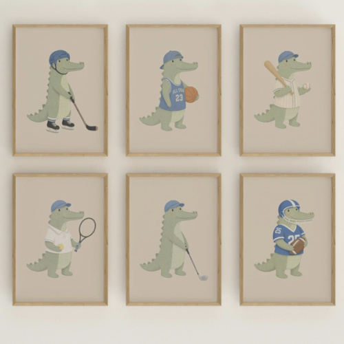 Sports Alligator Nursery Prints Bundle, Baby Boy Wall Art Set, Crocodile Sports Posters, Hockey Baseball Golf Football Tennis Basketball Art