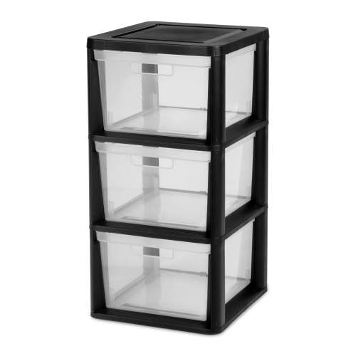 Sterilite Medium 3 Drawer Tower, Easy to Assemble with Removable Clear Plastic Storage Bins, Tool-Free, Black