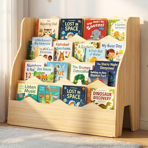 4 Tier Montessori Kids Bookshelf, Wooden Book Shelf for Kids Rooms, 31.5" W x 23.6" H Nursery Toddler Baby Bookcase with Front-Facing Design, Children's Book Storage Organizer for Bedroom Classroom