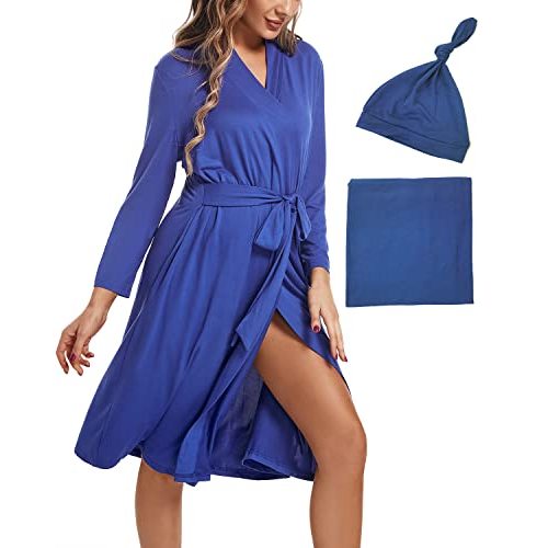 SUFEINI Maternity Mommy Robes with Matching Swaddle Blanket Set, Maternity Mommy Postpartum Bathrobe Sleepwear