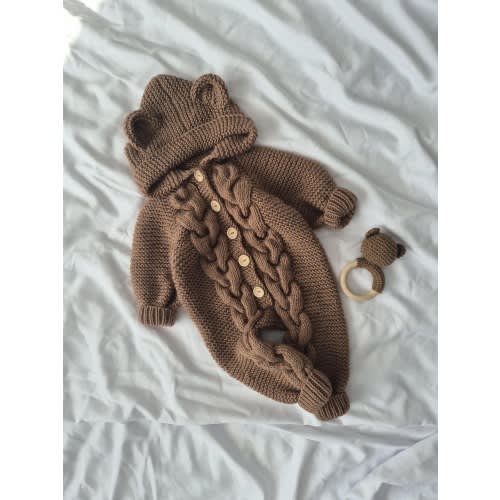 Hooded Bear Overall • Knit Wool Bear Outfit • Handmade Baby Shower Gift • Minimalistic Infant Jumpsuit • Warm Baby Clothing • Mom-TO-Be Gift