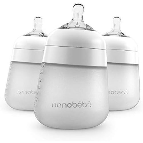 Nanobebe Flexy Silicone Baby Bottle, Anti-Colic, Natural Feel, Non-Collapsing Nipple, Non-Tip Stable Base, Easy to Clean, 3-Pack, White, 9oz