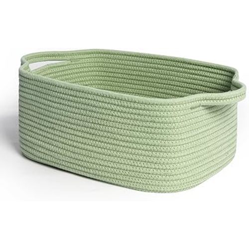 Green Basket, Woven Baskets for Gifts Empty, Medium Cotton Rope Dog Toy Box, Green Room Decor, Cute Baby Nursery Storage Organizer with Handle, Decorative Wicker Bin for Organizing Gift Towel