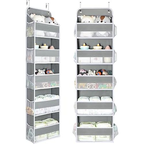 Yecaye 2 Pc Over The Door Organizer with 5 Bins 10 Side Pockets, 44lbs Load Hanging Bathroom and Bedroom Organizer, Behind The Door Hanging Organizers for Nursery Newborn Baby Essential Stuff Grey