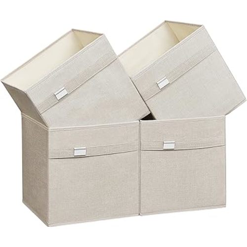 SONGMICS Storage Cubes, Set of 4 Cube Storage Bins, 13 x 13 x 13 Inches, 2 Handles, Oxford Fabric and Linen-Look Fabric, Easy to Clean, Foldable, Metal Label Holders, Cloud White UROB233W04