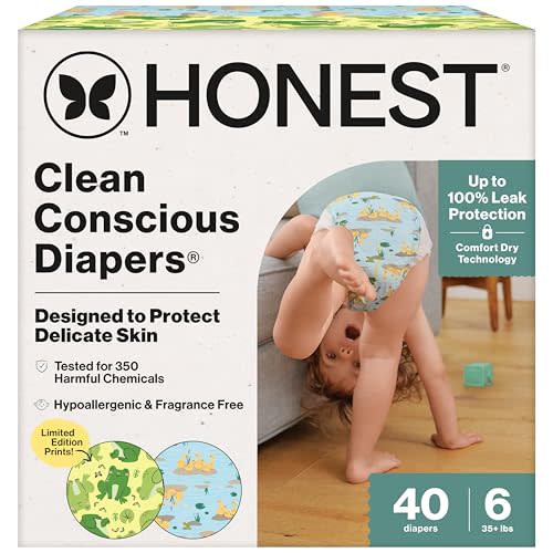 The Honest Company Diapers, Hypoallergenic, UR Ribbiting, Size 6, 40 Count | Baby Diapers, Size 6, 40 Ct. Hypoallergenic, Fragrance-Free, Up To 100% Leak Protection, Plant-Based, OEKO-TEX Certified.