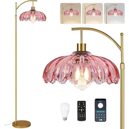 QIYIZM Pink Floor Lamp for Living Room,Bedroom,Gold Dimmable Standing Lamp with Remote,Mid Century Modern Brass Tall Lamp Boho Floor Lamps Arc Stained Glass Flower Floor Light Lamp Girls kids Bohemian