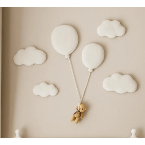 Nursery Wall decor - Boucle clouds and teddy bear clutching balloons