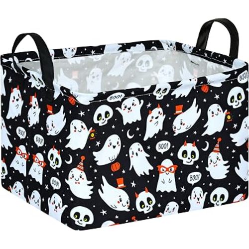 Halloween Ghost Storage Basket with Handles, Cute Spooky Gift Basket, Collapsible Fabric Organizer Bin for Candy, Clothes, Toys, Bedroom, Laundry Room and Halloween Party Decor