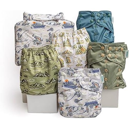 Kinder Cloth Diapers Reusable Baby Diapers Pocket Style Athletic Wicking Jersey, Wet Bag, Newborn to Potty Training 7-60lbs, One Size, Inserts NOT Included (Great Outdoors, 5 Pack, Without Inserts)