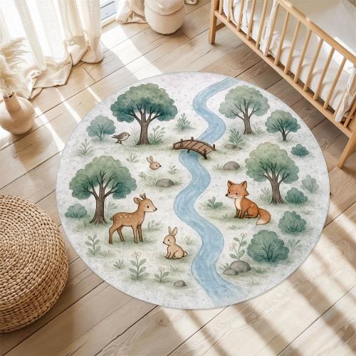 Forest Animal Nursery Rug Round Woodland River Theme Baby Playmat Washable Non Slip Carpet