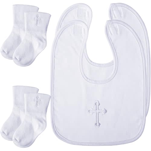 Jiuguva 4 Pcs Baptism Gifts for Boys Girls, Christening Bibs and Socks Set White Embroidered Cross Baptism Outfit for Baby