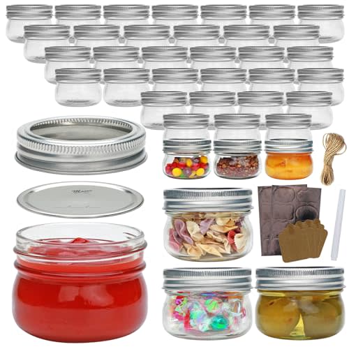 COMUDOT 40 Pack Mason Jars, 4 oz Food Storage Jars with Split-Type Metal lids, Glass Canning Jars for Jams, Overnight Oats, Candies, Honeys, Snacks,DIY Projects,Wedding/Party/Shower Favors