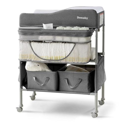 Sweeby Portable Baby Changing Table, Foldable Changing Table Dresser Changing Station for Infant, Waterproof Diaper Changing Table Pad Topper, Mobile Nursery Organizer for Newborn Essentials,Darkgrey