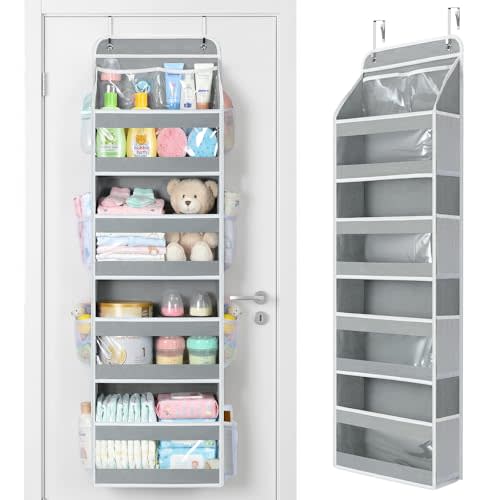 Yecaye 5 Tier 1Pc Over the Door Organizer, Stuffed Animal Storage with Clear PVC Windows, Door Organizer Hanging for Bedroom Nursery Closet Dorm Room Laundry Pantry Bathroom, Grey