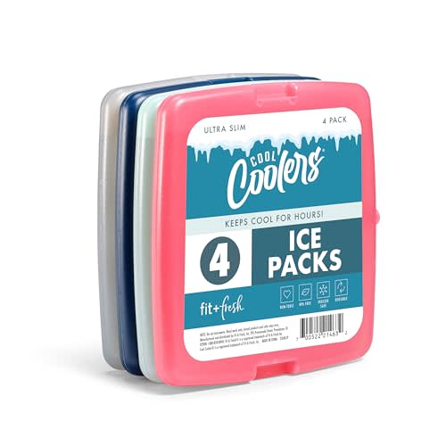 Cool Coolers by Fit & Fresh Slim Ice Packs, Quick Freeze Reusable Ice Packs for Lunch Boxes & Coolers, Long-Lasting, Space Saving Lunch Ice Packs, Blue, 4Pk