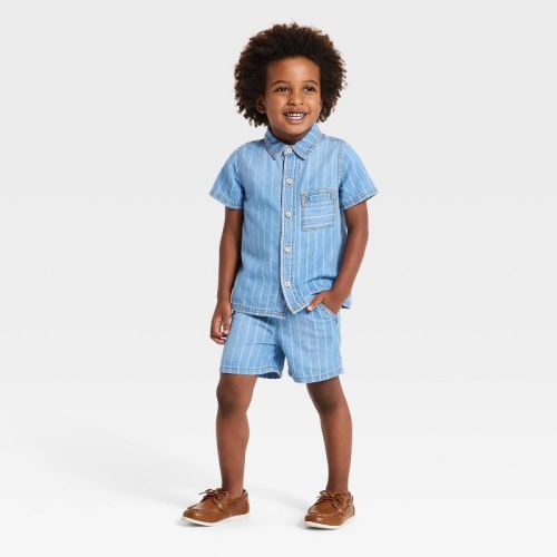 Toddler Boys' Striped Denim Button-Up Shirt & Shorts Set - Cat & Jack™ Medium Wash 18M
