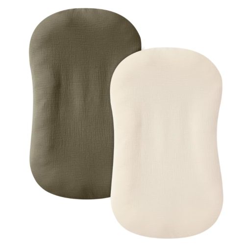 guruixu Muslin Baby Lounger Cover 2 Pack, 100% Cotton Infant Lounger Cover, Soft & Breathable Replacement Slipcover, Compatible with Snuggle Me Newborn Lounger (Dark Olive,Cream)