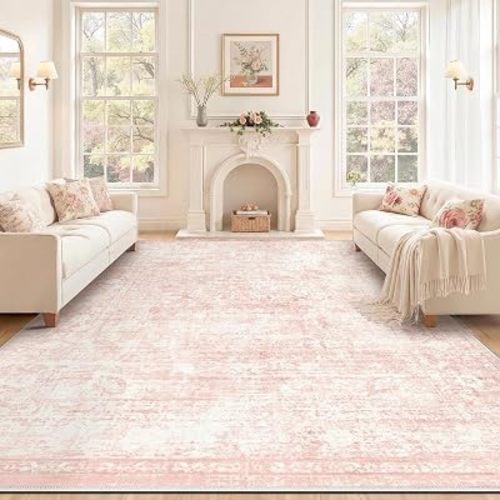 Homemate Washable Rug 8x10 Area Rugs - Vintage Faux Wool Rugs for Living Room Bedroom Dining Room - Non Slip Foldable Carpet Indoor Area Rug for Home Decor（8'x10', Pink