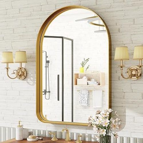 Arched Bathroom Mirror - 36x24 Inch Gold Bathroom Mirror for Wall - Aluminum Alloy Framed Mirror - Arched Top Bathroom Vanity Mirror for Living Room, Bedroom, Mantel, Entryway, and Hallways