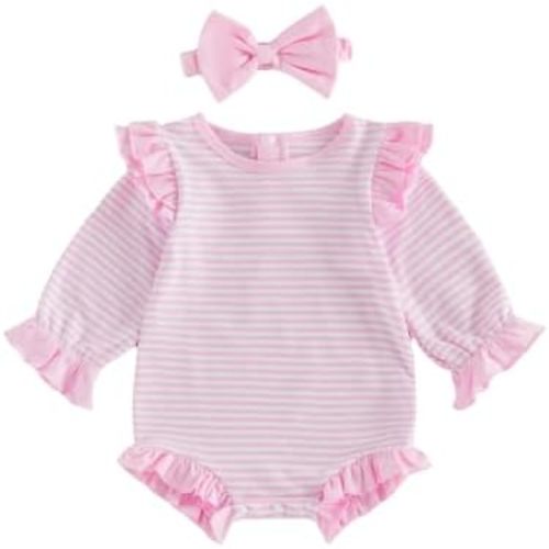 Newborn Baby Girl Fall Outfit Striped Ruffle Romper Long Sleeve Bodysuit