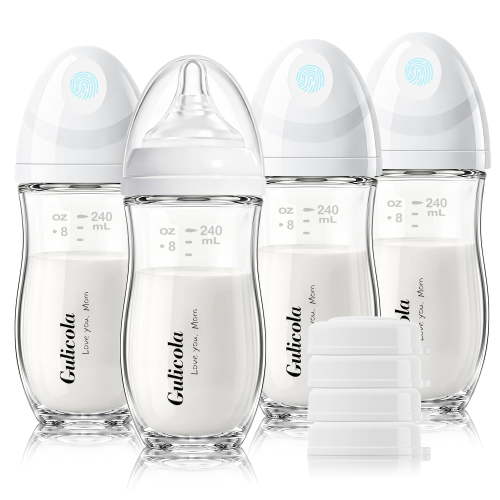 Gulicola Natural Glass Baby Bottle set 8 oz for Breastfed infant, Anti-Colic,Ink free, Medium Flow Nipple, 3 Months +, 4 Pack