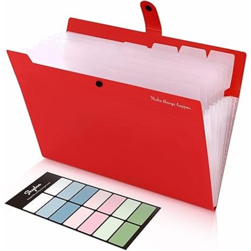 SKYDUE 8 Pockets Expanding File Organizer, Expandable File Folders with Pockets, Portable Document Paper Organizer, A4 Letter Size Filing Folder, Snap Closure, Red