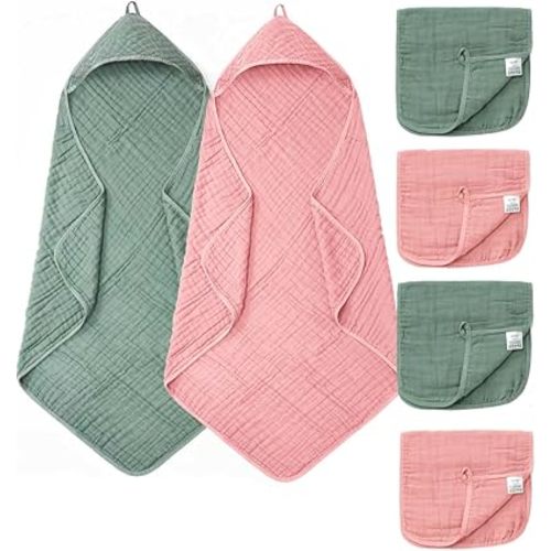 6 PCS Baby Towels and Washcloths Set, 2 PCS Baby Hooded Towels & 4 PCS Washcloths Set, Ultra Soft & Highly Absorbent Bath Bath Towel for Newborn, Infant & Toddler