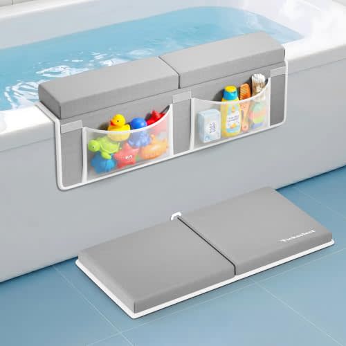 Bath Kneeler and Elbow Rest Pad Set-Baby Bath Kneeler with 1.5'' Comfortable Thick Memory Foam Cushion, Non-Slip Knee & Arm Support for Baby Bath Time,Foldable Bath Mat for Baby with Storage Pockets