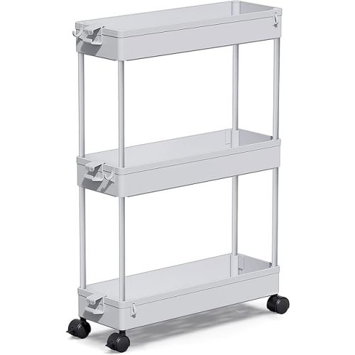 SPACEKEEPER Slim Rolling Storage Cart, 3 Tier Storage Organizer Laundry Room Organizer Mobile Shelving Unit, Multi-Purpose for Kitchen Office Bathroom Laundry Narrow Places, Gray
