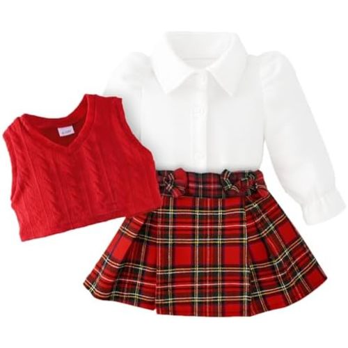ChuYuKu Baby Girl Clothes Fall Winter Outfits Puff Sleeve Shirt Tartan Pleated Skirt Cute Vest Set Toddler Girl Dress Holiday