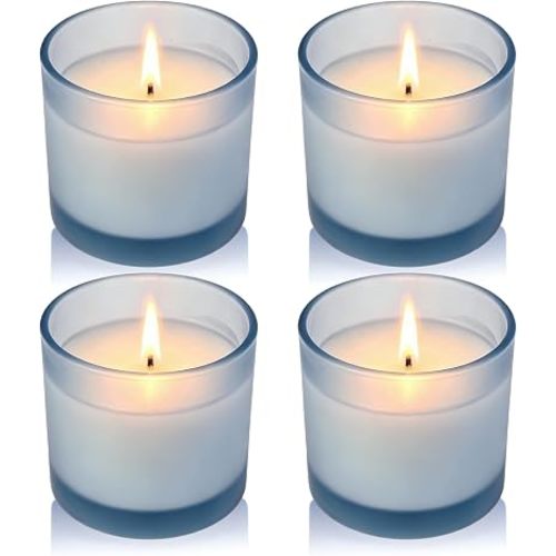 Set of 4 White Unscented Soy Candles, Light Blue Glass Mini Votive Candles, Hand-Poured Wax Candles for Home Décor, Aromatherapy, Spa, Holidays, Parties, and Weddings 10-12 Hours Burn Time