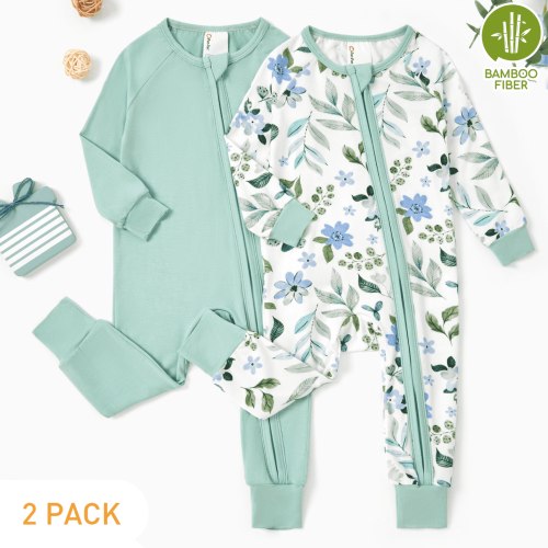 PatPat Baby Girl Clothes Viscose from Bamboo Snug Fit Footless Zip Bodysuits Sleep N Play Pajamas Baby Girl Gifts 2Pack,0-24 Months