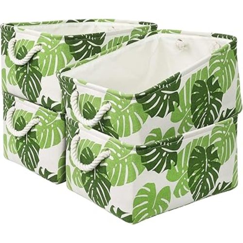 Storage Cubes, Storage Bins Baskets for Organizing 4 Pack for Organizing Toys, Clothes, Closet Baskets with Rope Handles for Nursery Home(White and Green,15.7"L×11.8"W×8.2"H)
