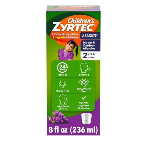 Children's Zyrtec 24 Hour Allergy Relief Syrup, 5 mg Cetirizine Hydrochloride Antihistamine, Kids Allergy Medicine for Indoor & Outdoor Allergy Relief, Dye- & Sugar-Free, Grape, 8 fl. oz
