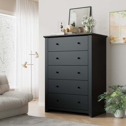 TrumanPick Black Dresser for Bedroom with 5 Drawers 47" Tall Chest of Drawers Wooden Dressers for Closet Living Room