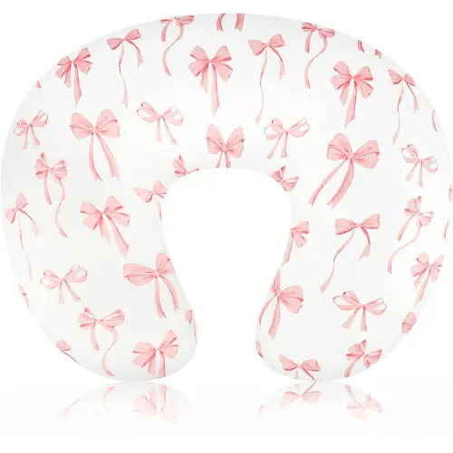 Nursing Pillow Cover, Removable Nursing Covers for Breastfeeding Pillows, Stretchy and Soft Fit for Baby Girls Boys Newborn, Pink Bow(Only Cover)