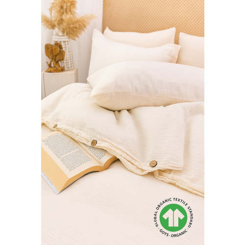 GOTS Certified Organic Muslin Duvet Cover Set with Fitted Sheet and Pillowcases – Hypoallergenic Cotton Bedding
