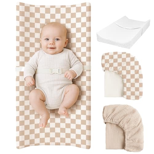 Konssy Muslin Changing Pad with Waterproof Lining Foam, Includes 2 Pack Soft & Cotton Cover, Baby Diaper Changing Pad for Dresser or Table, 32x16 inches (Coffee Check, Cream)