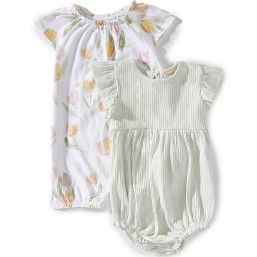 Burt's Bees Baby Girls Organic Cotton Short Sleeve Tulip Printed Romper & Tonal-Stripe Bodysuit Set