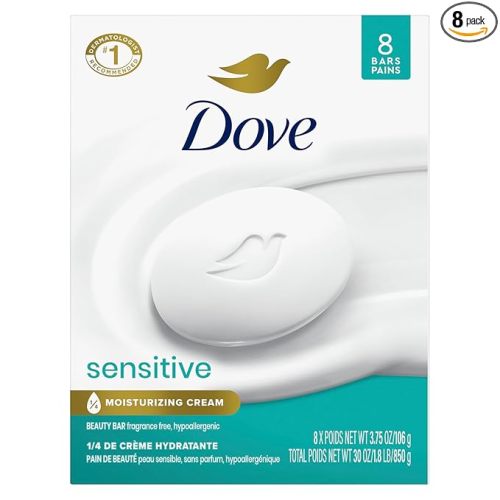 Dove Beauty Bar Soap Sensitive, 8 Bars for Sensitive Skin, Fragrance Free and Hypoallergenic 3.75 oz
