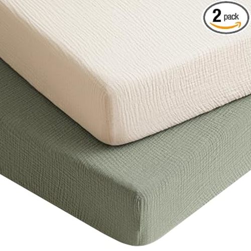 Konssy 2 Pack Muslin Crib Sheets for Baby Boys & Girls, 52" x 28" | Fits Standard Crib Mattress, Premium 100% Cotton, Soft & Breathable, Neutral Design, 360° Full Elastic Fit (Fog Green,Cream)