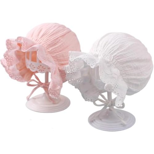 Babygirls Soft Cotton Muslin-Bonnet - Vintage Lace Ruffle Newborn Sun Protection Hat Adjustable Chin
