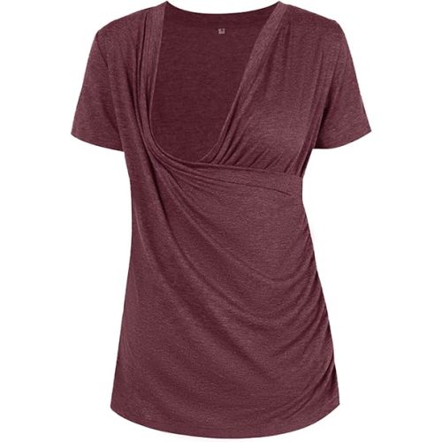 Liu & Qu Womens Maternity Nursing Tops Short Sleeve Breastfeeding Shirts Heather V Neck Clothes