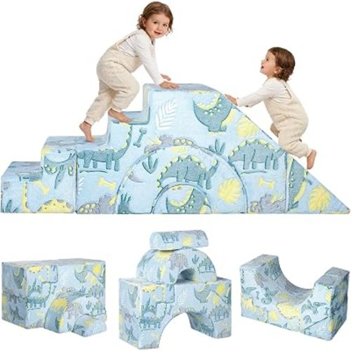MeMoreCool Kids Climbing Couch with Slide, Foam Play Sofa, Blue Dino