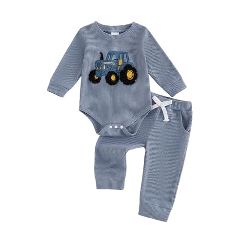 Douhoow Baby Boy Fall Outfits Tractor Embroidered Baby Sweatshirt Romper and Pants Infant Boys Festival Clothes