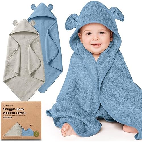 KeaBabies 2-Pack Hooded Baby Towels for Newborn - 30x30 Soft & Absorbent Viscose from Bamboo Baby Bath Towels with Hood for Infant, Toddler,Kids,Boys Girls,Newborn Bath Essentials (Steel, Petite)