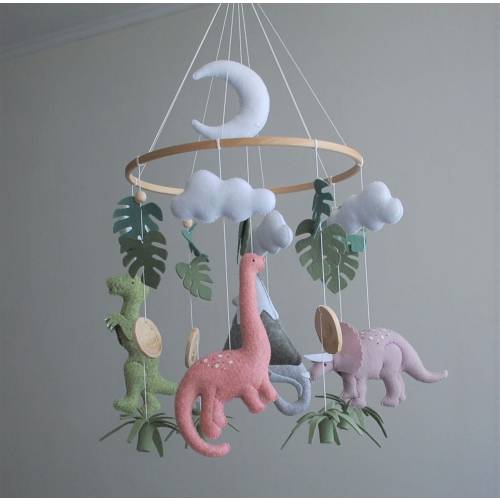 Dinosaur mobile Baby girl nursery mobile, Felt mobile dino, tropical nursery decor, Hanging mobile, baby shower gift, expecting mom gift