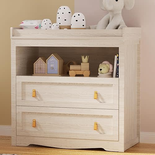 Baby Dresser Changing Table with 2 Drawers 35.4" Changing Table Dresser with Changing Table Top and 1 Open Shelf Diaper Changing Station with Storage for Nursery Children's Room Beige