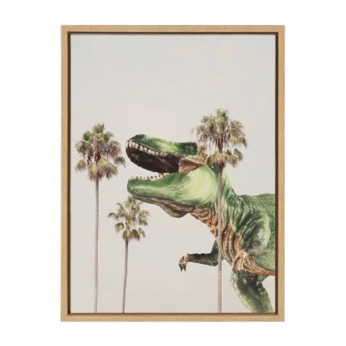 Kate & Laurel All Things Decor 18"x24" Sylvie Dinosaur Framed Canvas Wall Art by July Art Prints Natural Beach Palm Tree Dinosaur